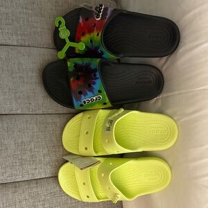 4 bundle CROCS women Slide Sandals - Black Multicolor and Neon Yellow